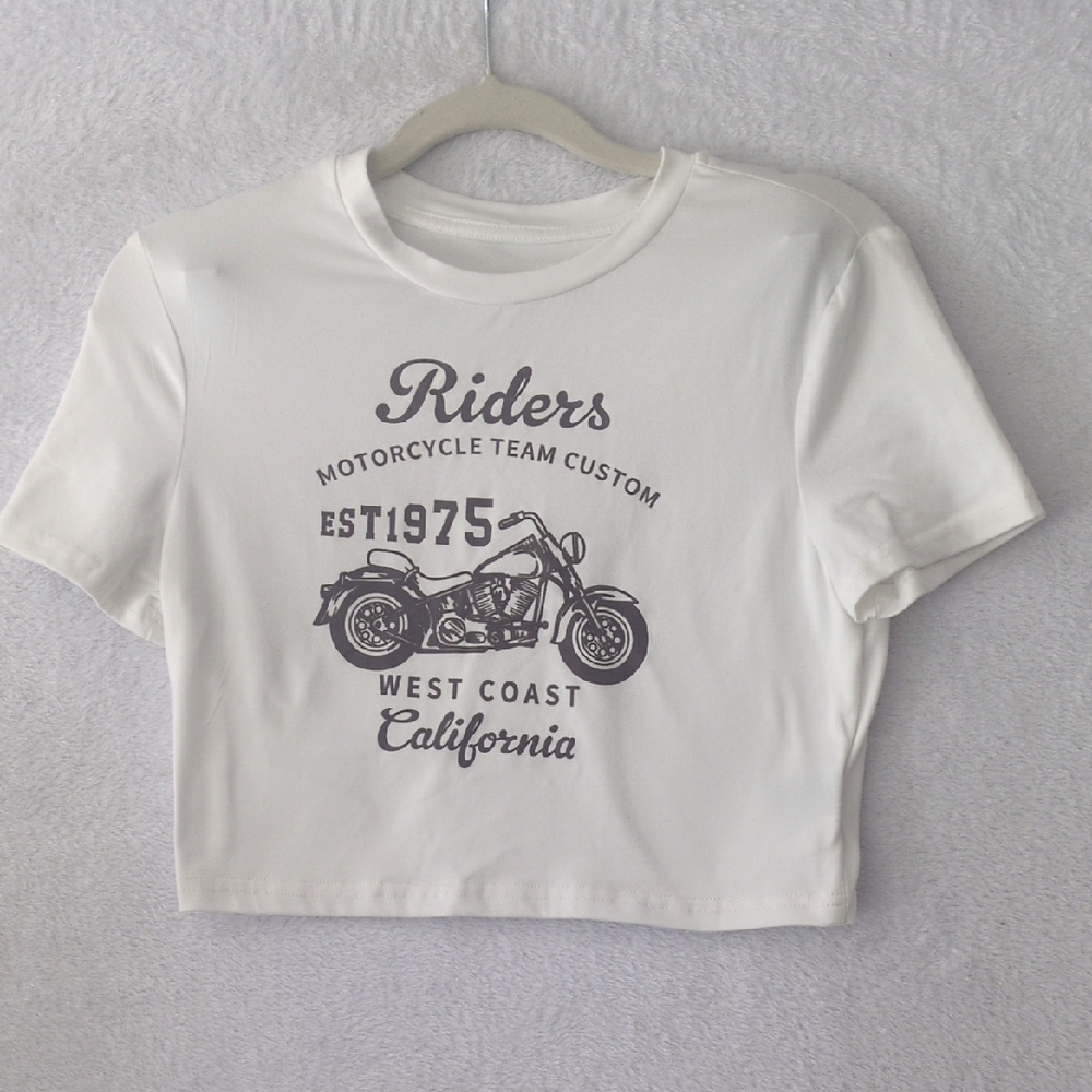 SHEIN Junior's White Motorcycle West Coast Cropped Shirt‎ Size M